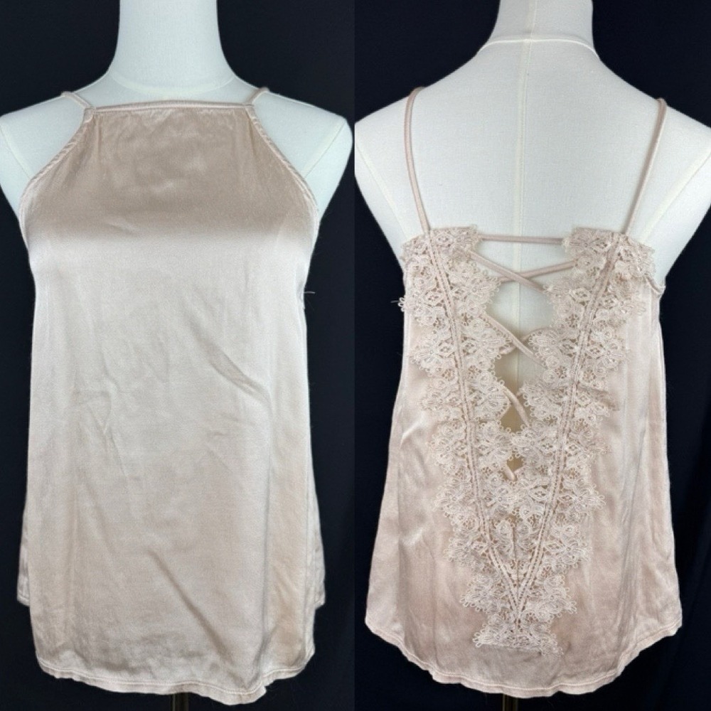 DO+BE Small Champagne Gold Satin Cami High Neck Lace Back Strappy Party